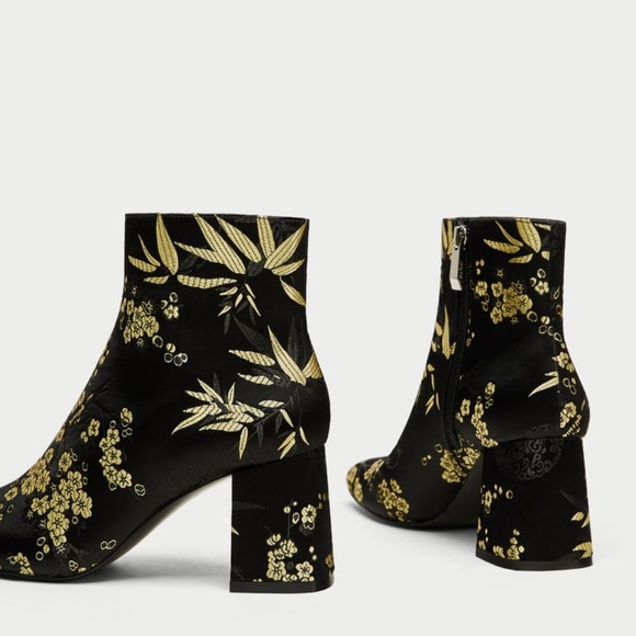 Zara Black High Heel Ankle Boot Gold Embroidery - Picture 7 of 7